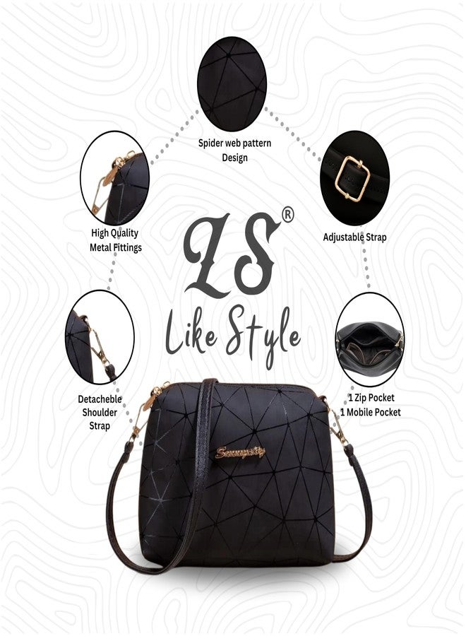لايك ستايل حقيبة كتف نسائية من LIKE STYLE بنقشة هندسية مطبوعة | حقيبة كروسبودي من جلد صناعي PU مع حزام قابل للتعديل والفصل (أسود) - Image 4